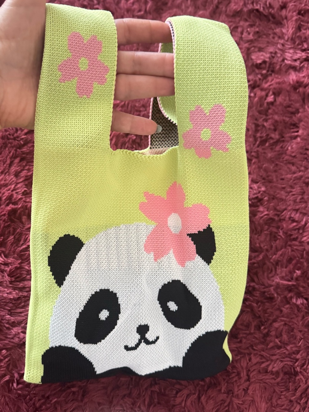 Cute Panda Knit Tote Bag in Lime Green with Pink Flowers and bonus pin - Girls